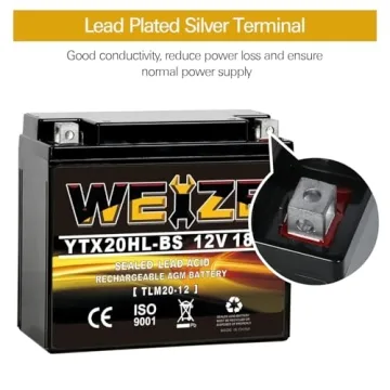 YTX20HL-BS Sealed AGM Maintenance Free Motorcycle Battery, 12 Volt 18 AH, 300 CCA Scooter Battery