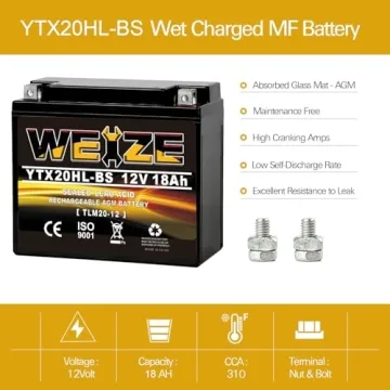 YTX20HL-BS Sealed AGM Maintenance Free Motorcycle Battery, 12 Volt 18 AH, 300 CCA Scooter Battery