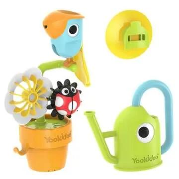 Yookidoo Watering Can Baby Bath Toy (Ages 1-3) Spinning Lady Bug & Tipping Bird Toy with 3 Moving Pieces (Mold Free) - Attaches to Tub Wall for Easy Toy Holder and Storage - for Toddler Bath Time