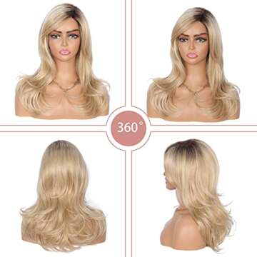 Kalyss Ladies Ombre Blonde Dark Brown Roots Long Curly Wavy Heat Resistant Synthetic Hair Wig for Women Blonde Wig with Bangs