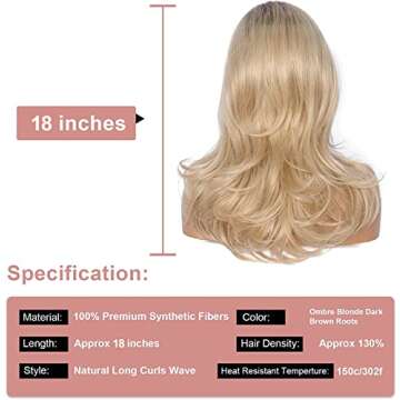 Kalyss Ladies Ombre Blonde Dark Brown Roots Long Curly Wavy Heat Resistant Synthetic Hair Wig for Women Blonde Wig with Bangs