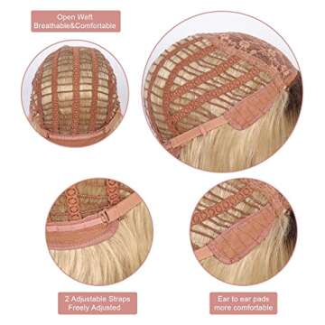 Kalyss Ladies Ombre Blonde Dark Brown Roots Long Curly Wavy Heat Resistant Synthetic Hair Wig for Women Blonde Wig with Bangs