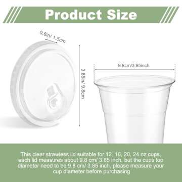 Krijuess 100 Pack Plastic Clear Strawless Snap Disposable PET Lids Fits for 12, 16, 20, 24 oz Cups for Iced Coffee, Milkshake, Slurpee, Ice cream, Razzle, Slush, Smoothy, Party's