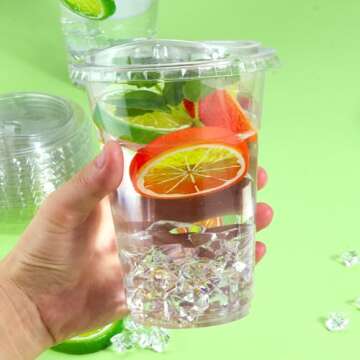 Krijuess 100 Pack Plastic Clear Strawless Snap Disposable PET Lids Fits for 12, 16, 20, 24 oz Cups for Iced Coffee, Milkshake, Slurpee, Ice cream, Razzle, Slush, Smoothy, Party's