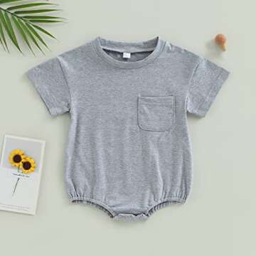 AEEMCEM Baby Boy Girl Oversized T-Shirt Romper Bubble Onesie Solid Color Short Sleeve Pocket Bodysuit Top Summer Clothes (A-Light Grey, 0-6 Months)