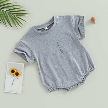 AEEMCEM Baby Boy Girl Oversized T-Shirt Romper Bubble Onesie Solid Color Short Sleeve Pocket Bodysuit Top Summer Clothes (A-Light Grey, 0-6 Months)