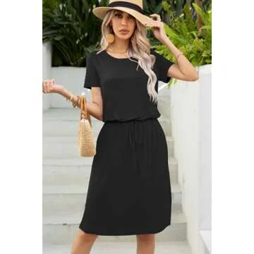 levaca Womens 2024 Summer Spring Drawstring Tie Waist Modest Work Business Casual Office Ladies Midi Knee Dress with Pockets Black L