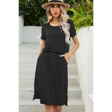 levaca Womens 2024 Summer Spring Drawstring Tie Waist Modest Work Business Casual Office Ladies Midi Knee Dress with Pockets Black L