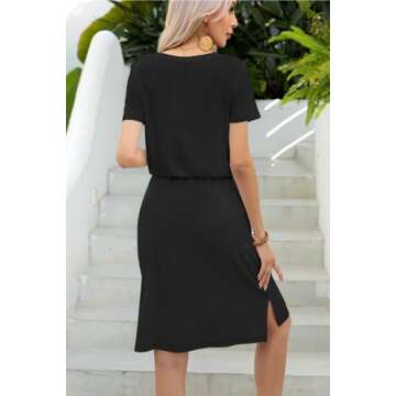 levaca Womens 2024 Summer Spring Drawstring Tie Waist Modest Work Business Casual Office Ladies Midi Knee Dress with Pockets Black L
