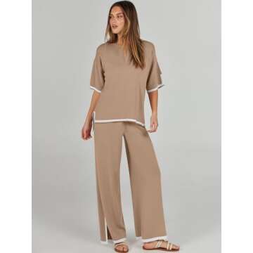 ANRABESS Two Piece Outfits for Women 2024 Fashion Short Sleeve Tops Wide Leg Pants Trendy Knit Sweat...