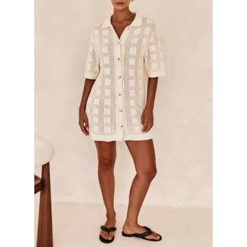 EZAPINE Women Crochet Knit Mini Dress Short Sleeve Semi-Sheer Cover Ups Casual Shirt Dress Summer Be...