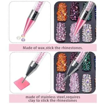 2PCS Rhinestone Picker Tool, Rhinestone Picker Dotting Pen, Dual-end Rhinestones Pickup Tool for Nail Gems, Wax Pencil for Rhinestones with 1 Tweezer for Nail Gems Stones Crystals DIY Nail Art