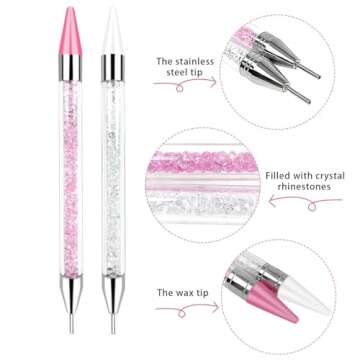 2PCS Rhinestone Picker Tool, Rhinestone Picker Dotting Pen, Dual-end Rhinestones Pickup Tool for Nail Gems, Wax Pencil for Rhinestones with 1 Tweezer for Nail Gems Stones Crystals DIY Nail Art
