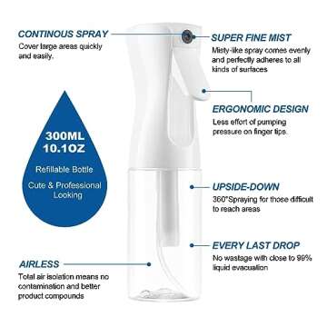 YUNFOOK Continuous Spray Bottle for Hair - 2 Pack 10.1oz/300ml Empty Ultra Fine Water Mist Sprayer for Hairstyling, Salons, Cleaning, Plants, Misting & Skin Care