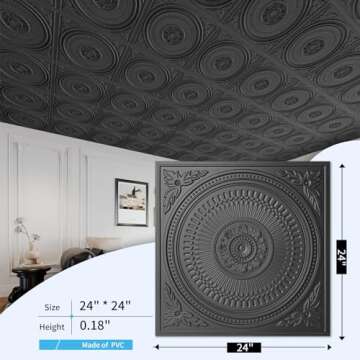 Art3d 12-Pack Drop Ceiling Tiles 2x2 FT, Decorative Easy Install PVC Ceiling Panels for Interior Kitchen Bathroom Basement, 24x24 Inch, Black