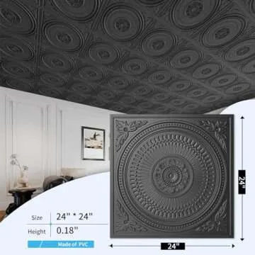 Art3d 12-Pack Drop Ceiling Tiles 2x2 FT, Decorative Easy Install PVC Ceiling Panels for Interior Kitchen Bathroom Basement, 24x24 Inch, Black