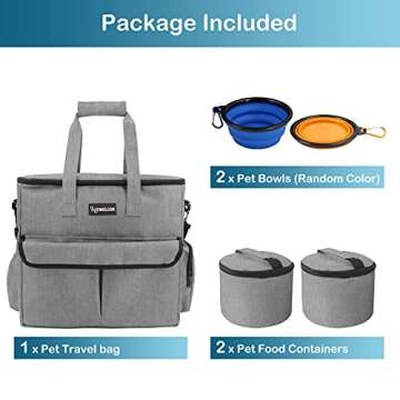 Henkelion Dog Travel Bag for Supplies with 2 Collapsible Water Bowls and 2 Food Containers, Weekend Dog Travel Kit with Pet Travel Accessories Organizer, Airline Approved Pet Travel Set - Grey