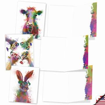 The Best Card Company - 10 Unique Blank Watercolor Animal Note Card Box Set 4 x 5 Inch + Envelopes (10 Unique Designs) Kids Greeting Cards, Camp Stationery, Funky Rainbow Wildlife M4948OCB-B1x10-NB