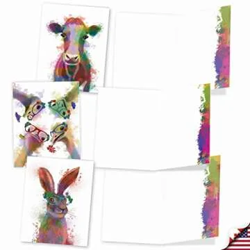 The Best Card Company - 10 Unique Blank Watercolor Animal Note Card Box Set 4 x 5 Inch + Envelopes (10 Unique Designs) Kids Greeting Cards, Camp Stationery, Funky Rainbow Wildlife M4948OCB-B1x10-NB