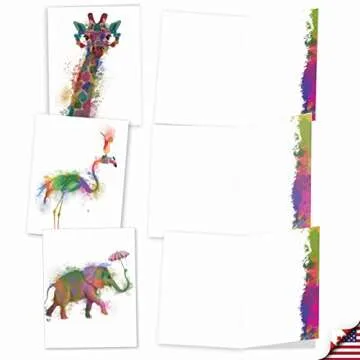 The Best Card Company - 10 Unique Blank Watercolor Animal Note Card Box Set 4 x 5 Inch + Envelopes (10 Unique Designs) Kids Greeting Cards, Camp Stationery, Funky Rainbow Wildlife M4948OCB-B1x10-NB