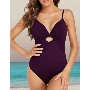 Hilor Women's One Piece Swimsuits Twist Keyhole Bathing Suit Ruched Tummy Control Swimwear Deep Merlot 18