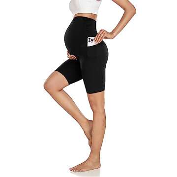 FULLSOFT Maternity Biker Shorts with Pockets Over Belly Summer 8'' High Waisted Workout Gym Active Pregnancy Short Leggings(Black,Medium)