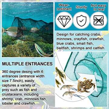 Woanger 3 Pcs Minnow Trap, Include 2 Fishing Bait Trap 1 Cylindrical Hexagon Crab Crawfish Trap, Lobster Shrimp Collapsible Cast Nets Portable Folded Fishing Accessories,12x21.65 Inches