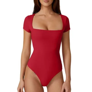 QINSEN Short Sleeve Body Suit for Women Square Neck Summer Going Out Bodysuit Tops Fiery Red S