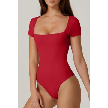 QINSEN Short Sleeve Bodysuit for Women - Fiery Red Style