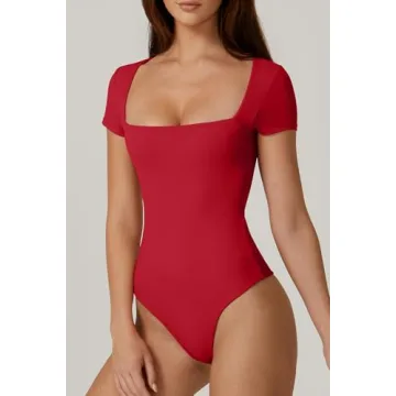QINSEN Short Sleeve Bodysuit for Women - Fiery Red Style