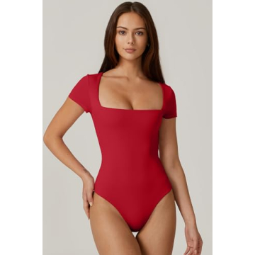 QINSEN Short Sleeve Bodysuit for Women - Fiery Red Style