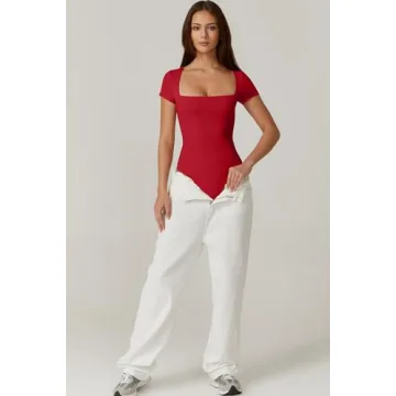 QINSEN Short Sleeve Bodysuit for Women - Fiery Red Style