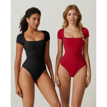QINSEN Short Sleeve Bodysuit for Women - Fiery Red Style