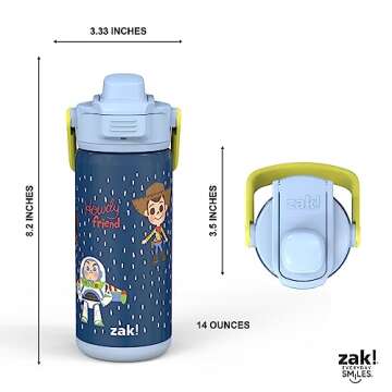 zak! Beacon Insulated Bottle, Disney Pixar Toy Story 4 - 14 oz - Durable Stainless Steel - Double-Wall Vacuum Insulation, Silicone Spout & Push-Button, Leak-Proof Lid - Dishwasher Safe