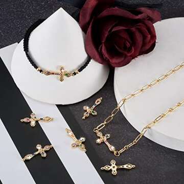 FASHEWELRY 5Pcs CZ Cubic Zirconia Cross Crucifix Link Charms Golden Double Loops Rhinestone Dangle P...