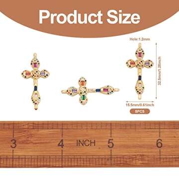 FASHEWELRY 5Pcs CZ Cubic Zirconia Cross Crucifix Link Charms Golden Double Loops Rhinestone Dangle Pendant Connectors with Colorful Micro Pave Stone for Jewelry Making