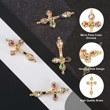 FASHEWELRY 5Pcs CZ Cubic Zirconia Cross Crucifix Link Charms Golden Double Loops Rhinestone Dangle Pendant Connectors with Colorful Micro Pave Stone for Jewelry Making