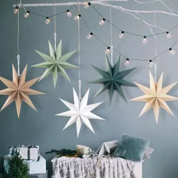 SUNBEAUTY Sage Green 9-Pointed 12 Inch Paper Star Lanterns Christmas Hanging Lamp Paper Decorations Shade Wedding Birthday Christmas Home Party Decorations