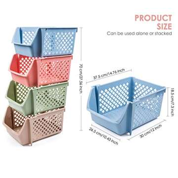 DVHOK 4Pcs Stackable Storage Basket Organizer for Food Snacks Toys Toiletries Plastic Storage Bins Multicolor