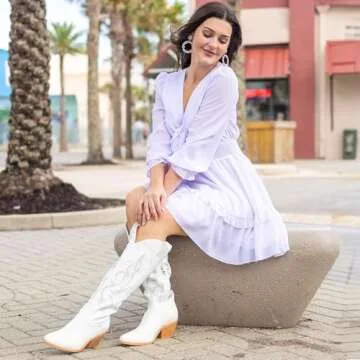 Platikly White Cowboy Boots for Women - Rhinestone Wide Calf Cowgirl Boots, Knee High Western Footwear, Glitter Sparkly Tall Design with Embroidery, Classic Country Style Pull On Zipper US 8