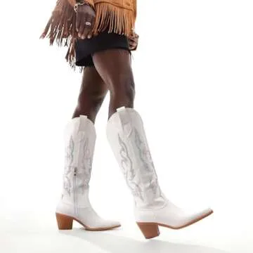 Platikly White Cowboy Boots for Women - Rhinestone Wide Calf Cowgirl Boots, Knee High Western Footwear, Glitter Sparkly Tall Design with Embroidery, Classic Country Style Pull On Zipper US 8