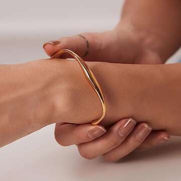 WOWORAMA Dainty Gold Cuff Bracelets for Women 18K Gold Plated Teardrop Open Cuff Bangles Irregular A...