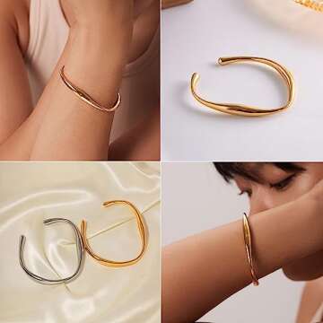 WOWORAMA Dainty Gold Cuff Bracelets for Women 18K Gold Plated Teardrop Open Cuff Bangles Irregular Adjustable Gold Bracelets Simple Minimalist Bangle Bracelets