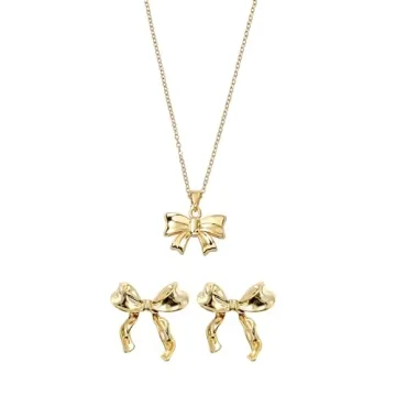 QXFQJT Gold Bow Earrings Necklace Set - Golden Ribbon Jewelry for Women