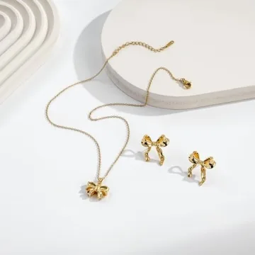 Elegant QXFQJT Gold Bow Earrings Necklace Set for Women