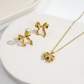 Elegant QXFQJT Gold Bow Earrings Necklace Set for Women