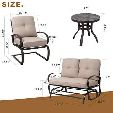 JY QAQA 4Pcs Outdoor Patio Furniture Conversation Sets (Glider Loveseat, Coffee Table, 2 Spring Chairs) Wrought Iron Frame Chair Set with Cushions for Patio, Garden and Backyard(Beige)