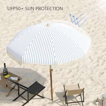 Aoxun 7ft Patio Umbrella with Fringe Outdoor UV 50+ Protection Picnic Umbrella with Aluminum Pole, Ribs Push Button Tilt and Carry Bag