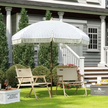 Aoxun 7ft Patio Umbrella with Fringe Outdoor UV 50+ Protection Picnic Umbrella with Aluminum Pole, Ribs Push Button Tilt and Carry Bag