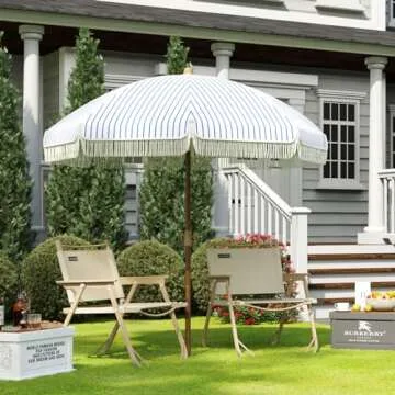 Aoxun 7ft Patio Umbrella with Fringe Outdoor UV 50+ Protection Picnic Umbrella with Aluminum Pole, Ribs Push Button Tilt and Carry Bag